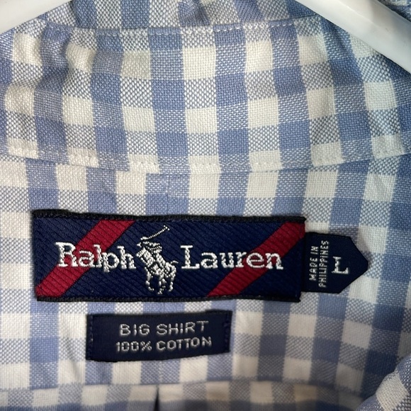 RALPH LAUREN Mens Vintage 90’s The Big Shirt Blue White Buffalo Plaid Oxford L - Picture 10 of 13